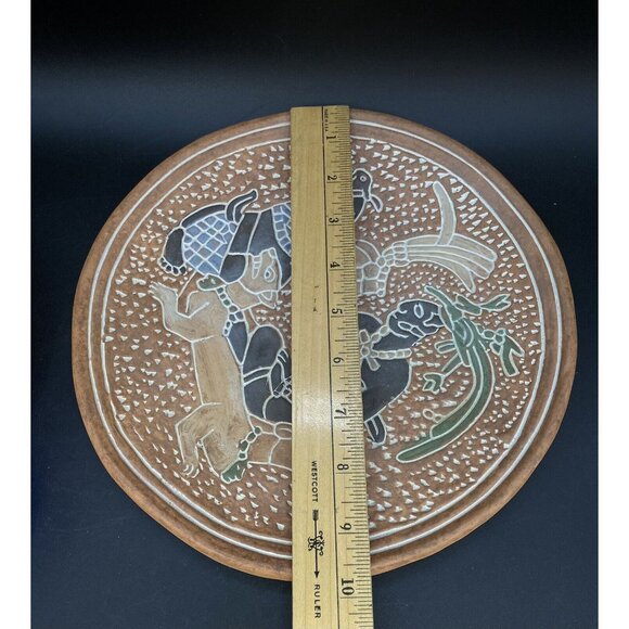 Mexico Mayan Hand Painted Carved Terracotta 9.5” Wall Plate Mesoamerica Style - Picture 4 of 7